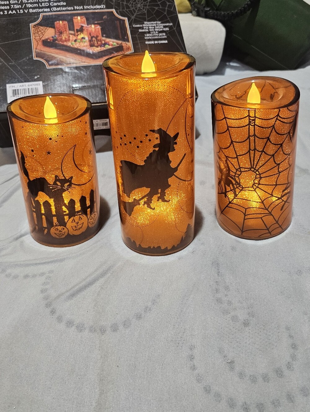 Halloween LED Candle Trio in Orange with Spooky Silhouettes